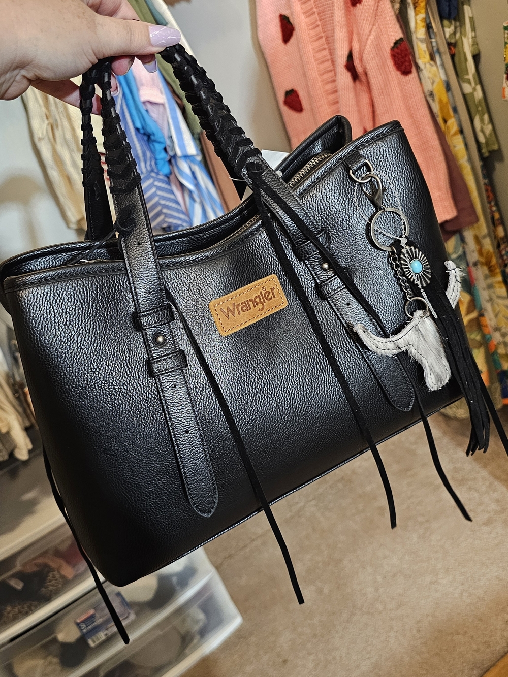 Wrangler Black Leather Tote Bag with Tassel Charm